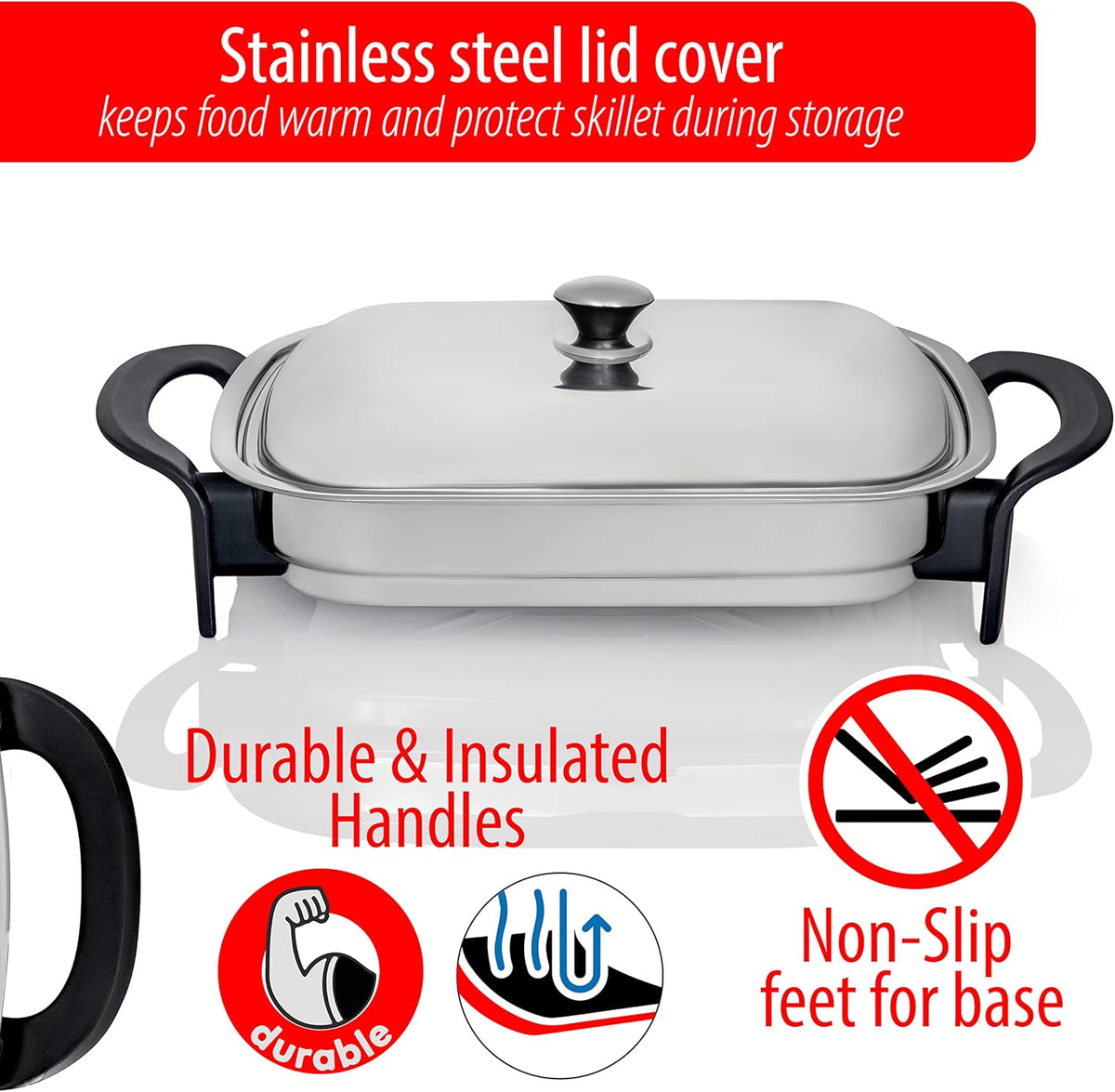 16-Inch Rectangular Stainless Steel Electric Skillet with Lid T50462