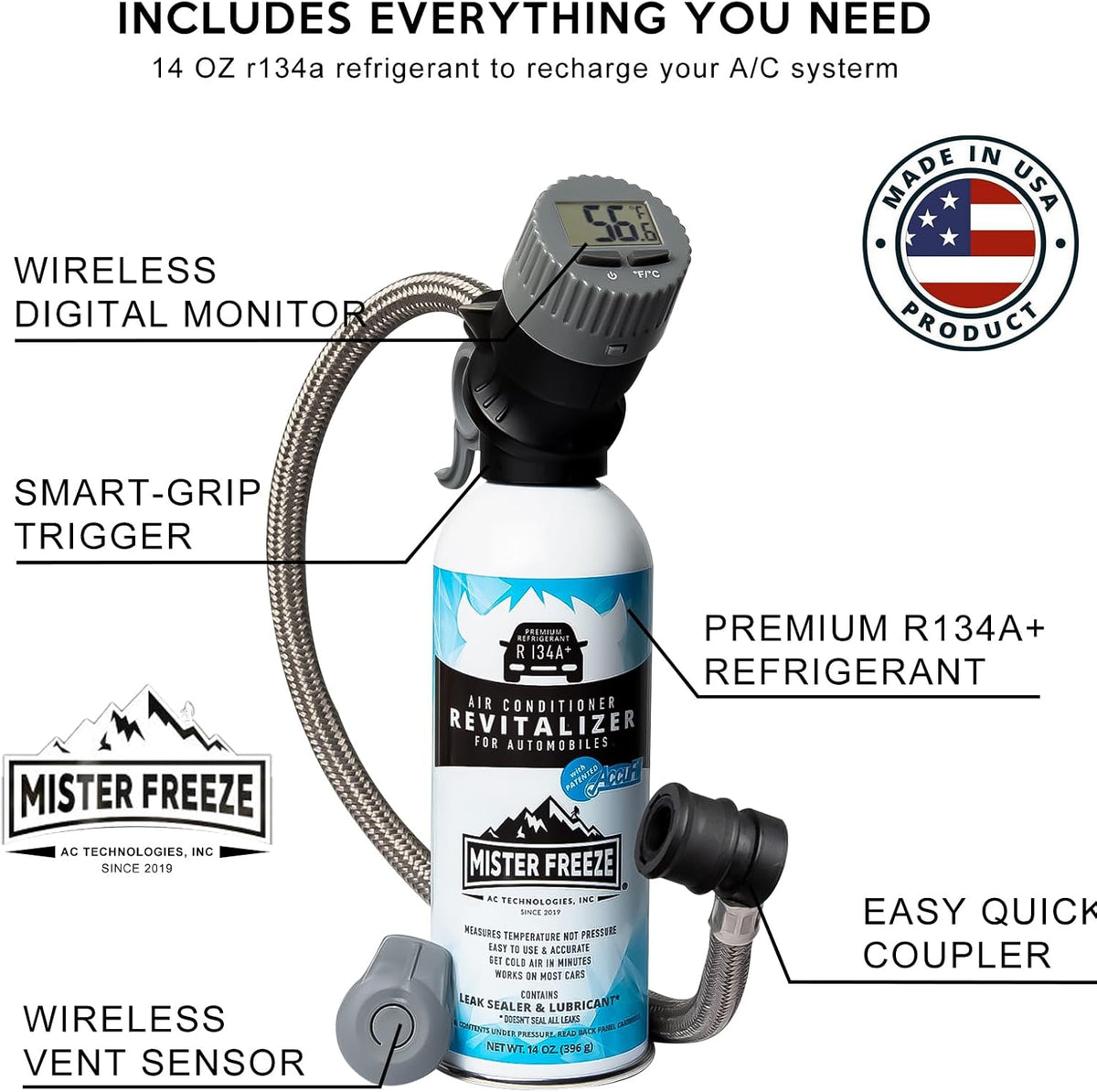 14 Oz R134a Refrigerant Recharge Kit with Wireless Digital Temperature Sensor N38894