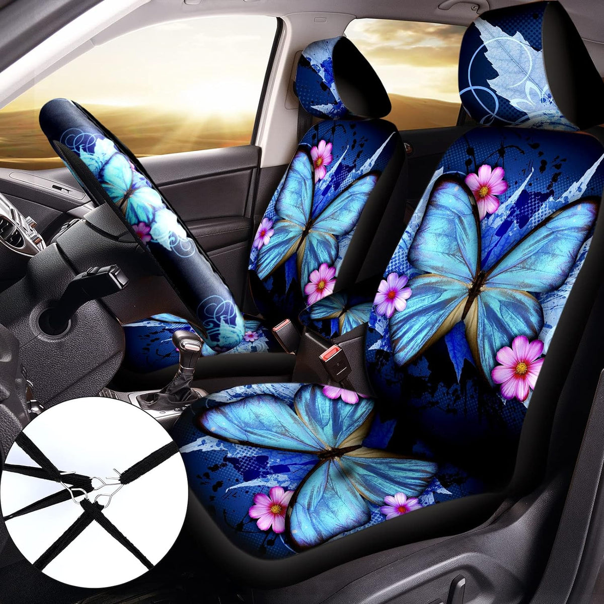15 Pieces Butterfly Car Seat Covers Full Set with Steering Wheel Cover E7380