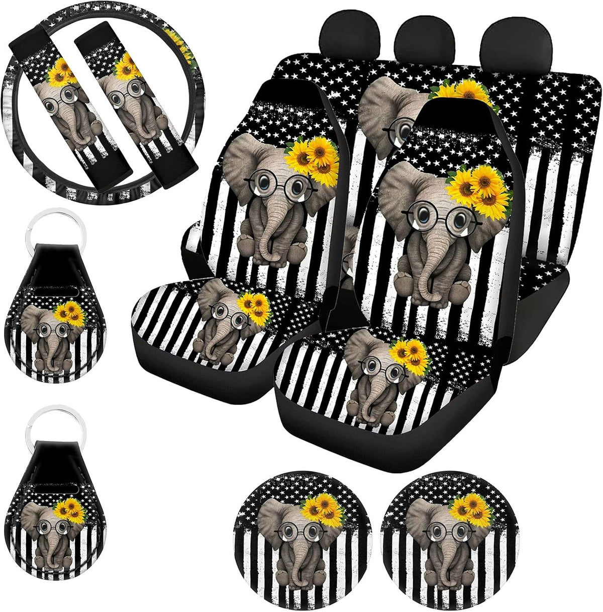 11 Pack Southwestern Car Seat Covers Full Set with Steering Wheel Cover, Seatbelt Covers, Cup Coasters Holder, Keychain Accessories C1851
