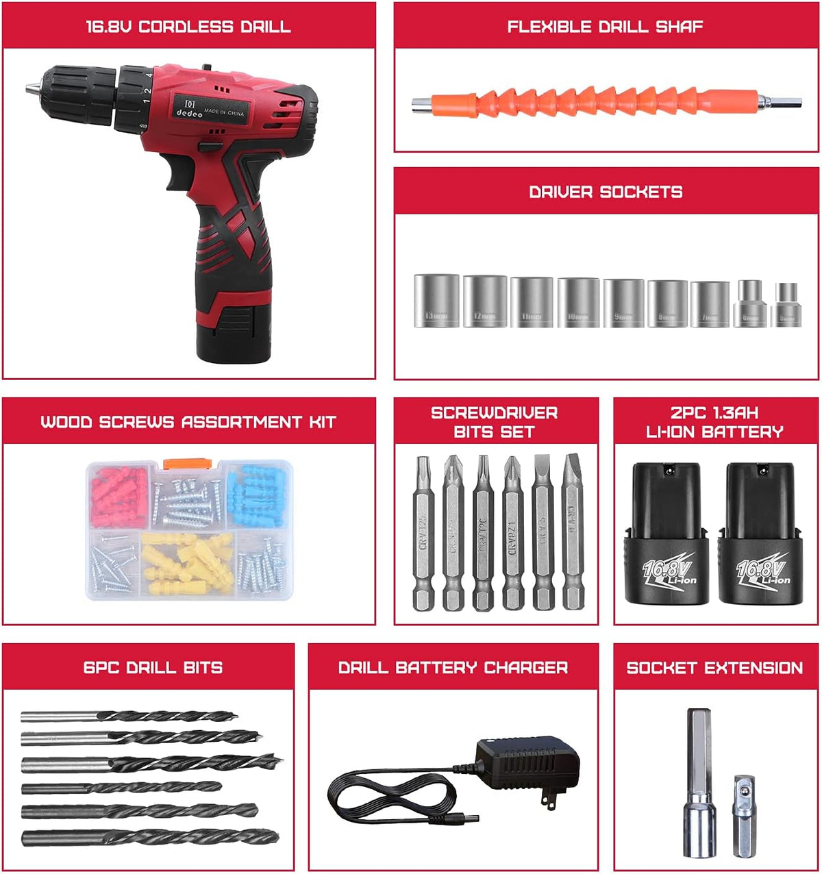 16.8V Cordless Hammer Drill Tool Kit with 2PCS Battery and Charger M683417