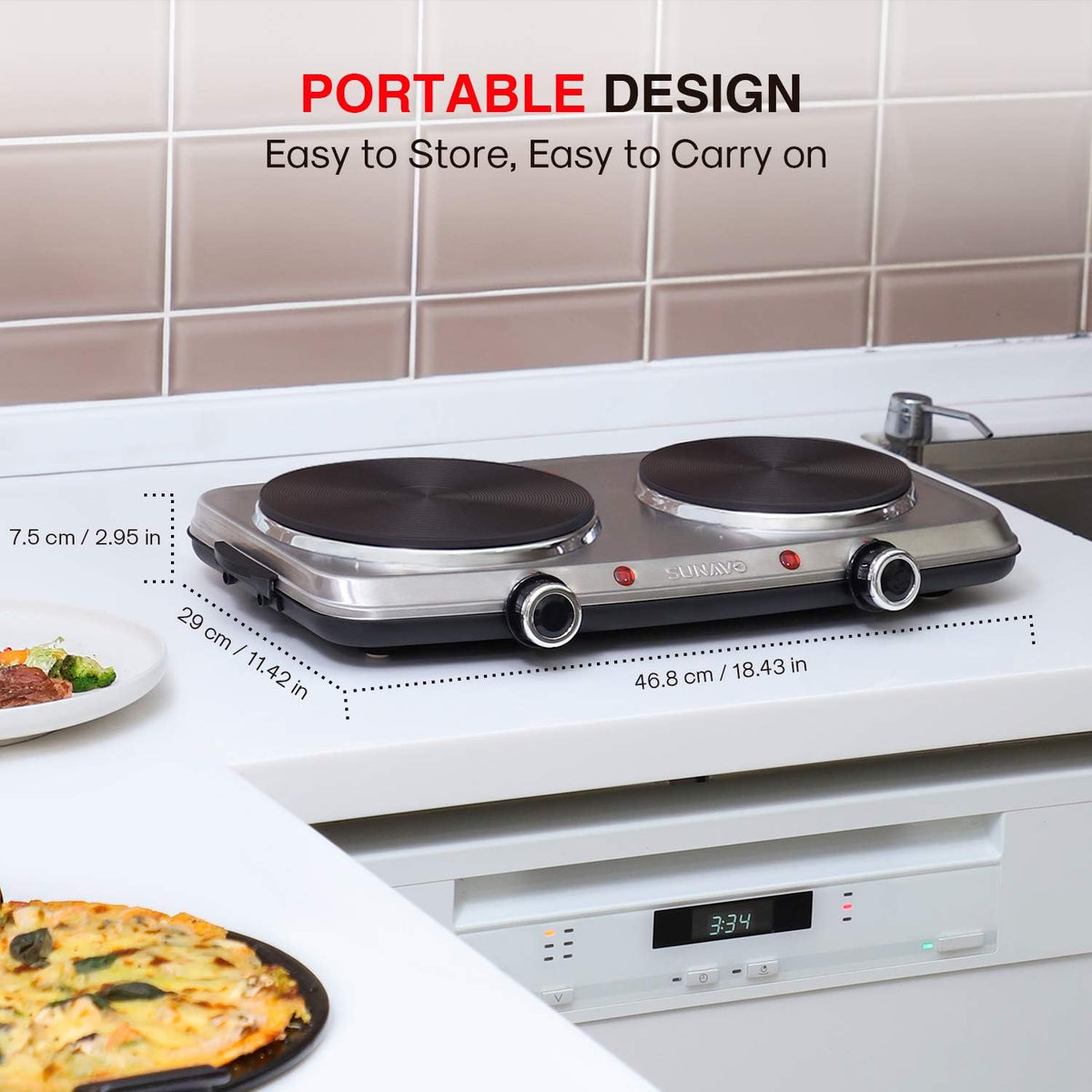 1800W Electric Double Burner Stainless Steel Hot Plate Cast Iron Pack of 2 J541623