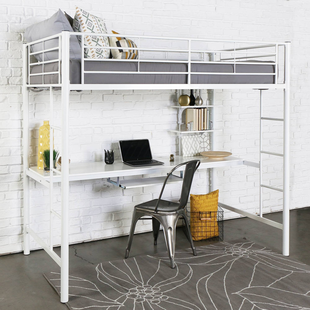 Twin Metal Loft Bed with Wood Desk White N203