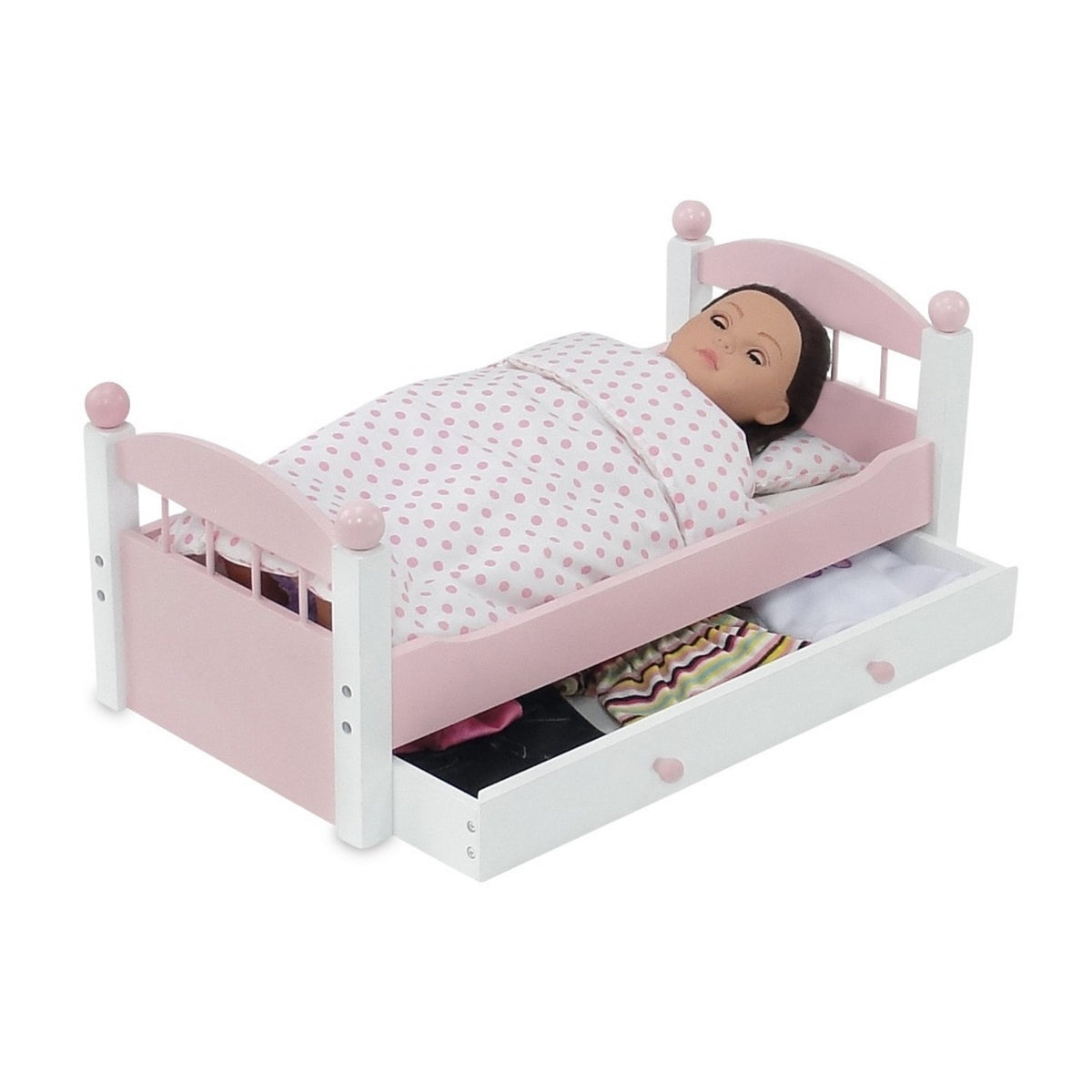 18 Inch Doll Trundle Bed with Plush Polka Dot Doll Bedding Q141