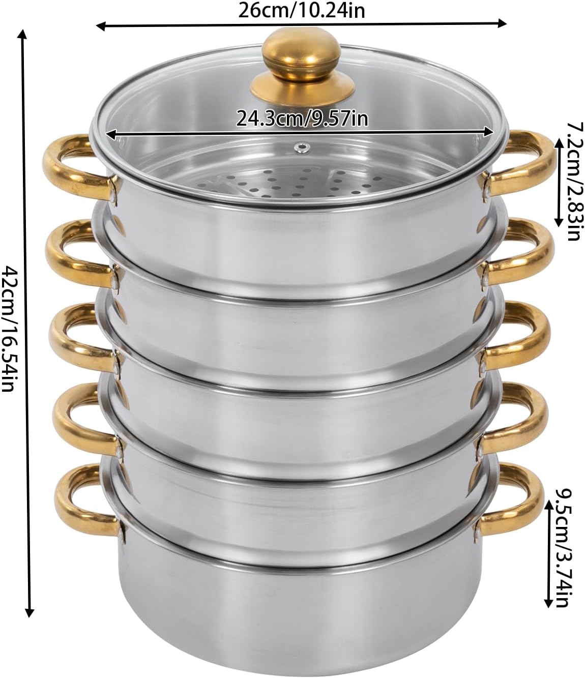 26cm Stainless Steel 5 Tier Steamer Pot with Glass Lid Q512