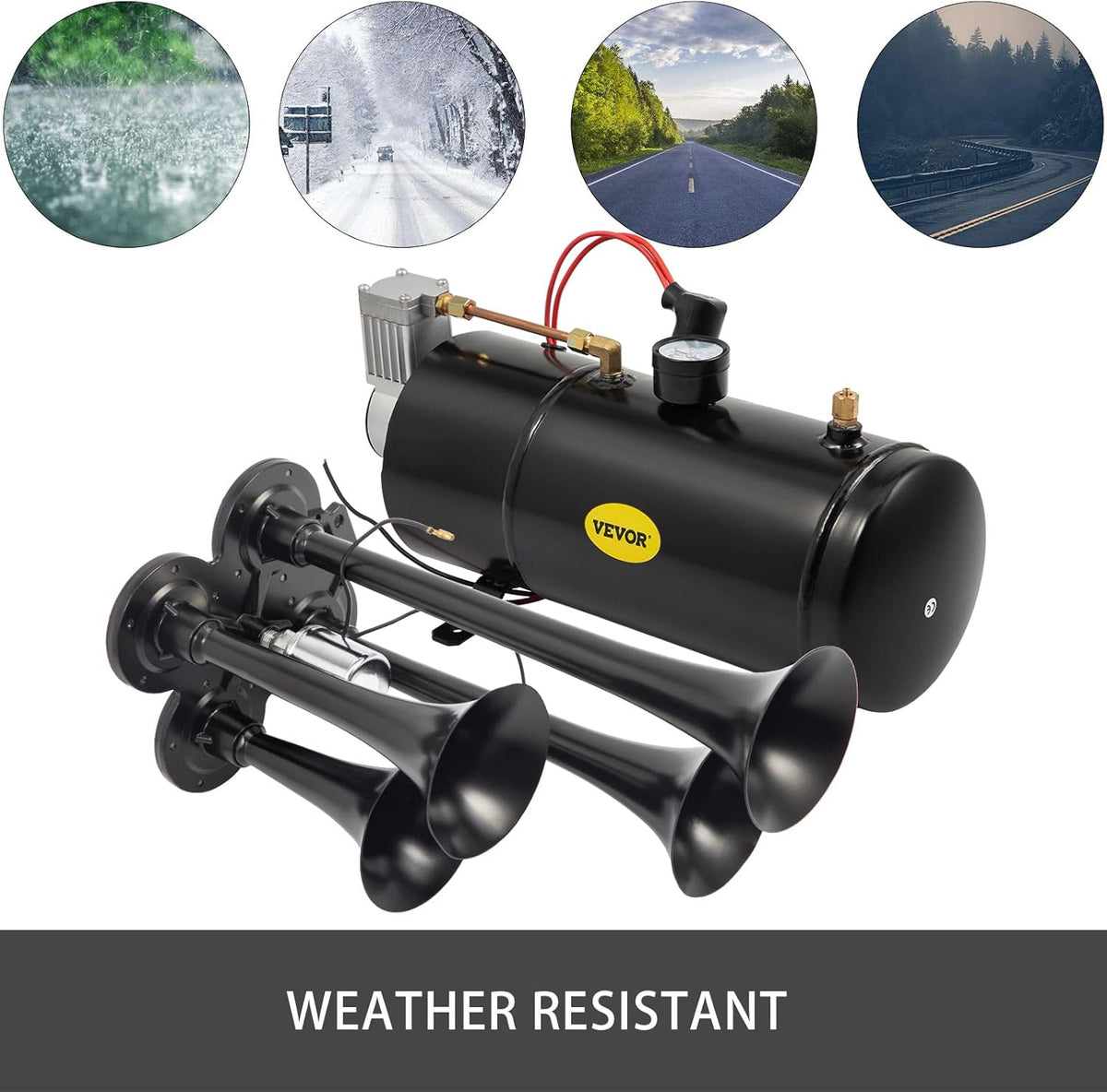 150DB Train Horns Kit 4 Trumpet with 120 PSI 12V Air Compressor Air Horn Tank (Black) W96204