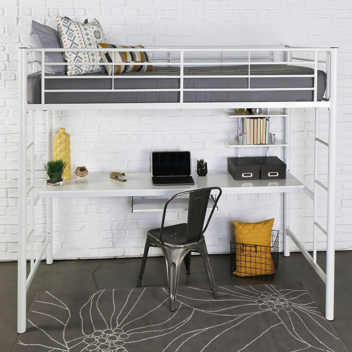 Twin Metal Loft Bed with Wood Desk White N203