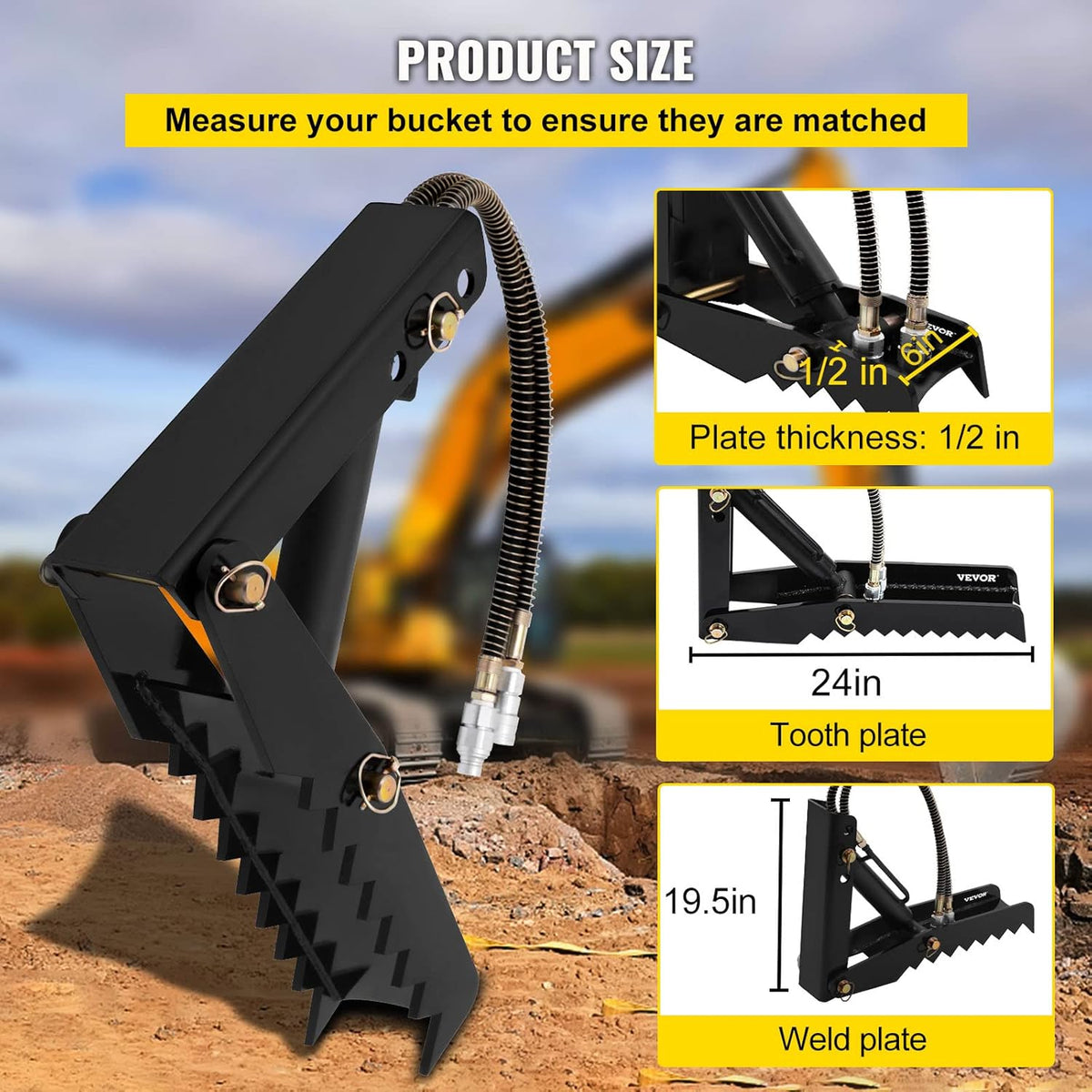 24 inch Hydraulic Backhoe Excavator Thumb Attachments Weld On 1/2in Teeth Thick Steel Plate Assembly with Hydraulic Cylinder M957