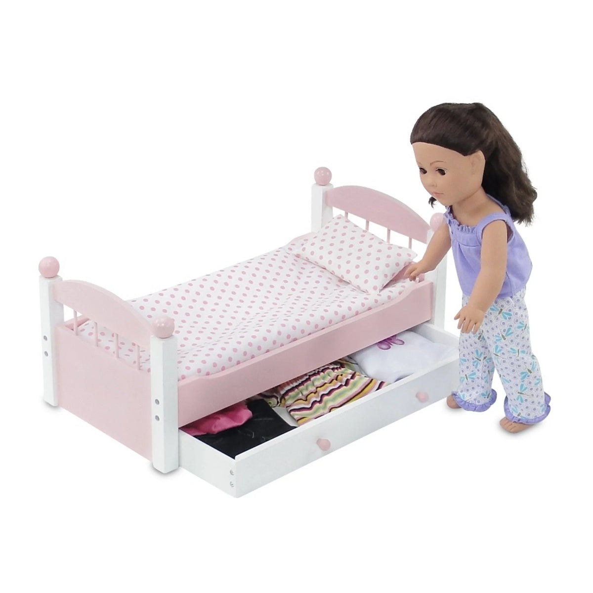 18 Inch Doll Trundle Bed with Plush Polka Dot Doll Bedding Q141