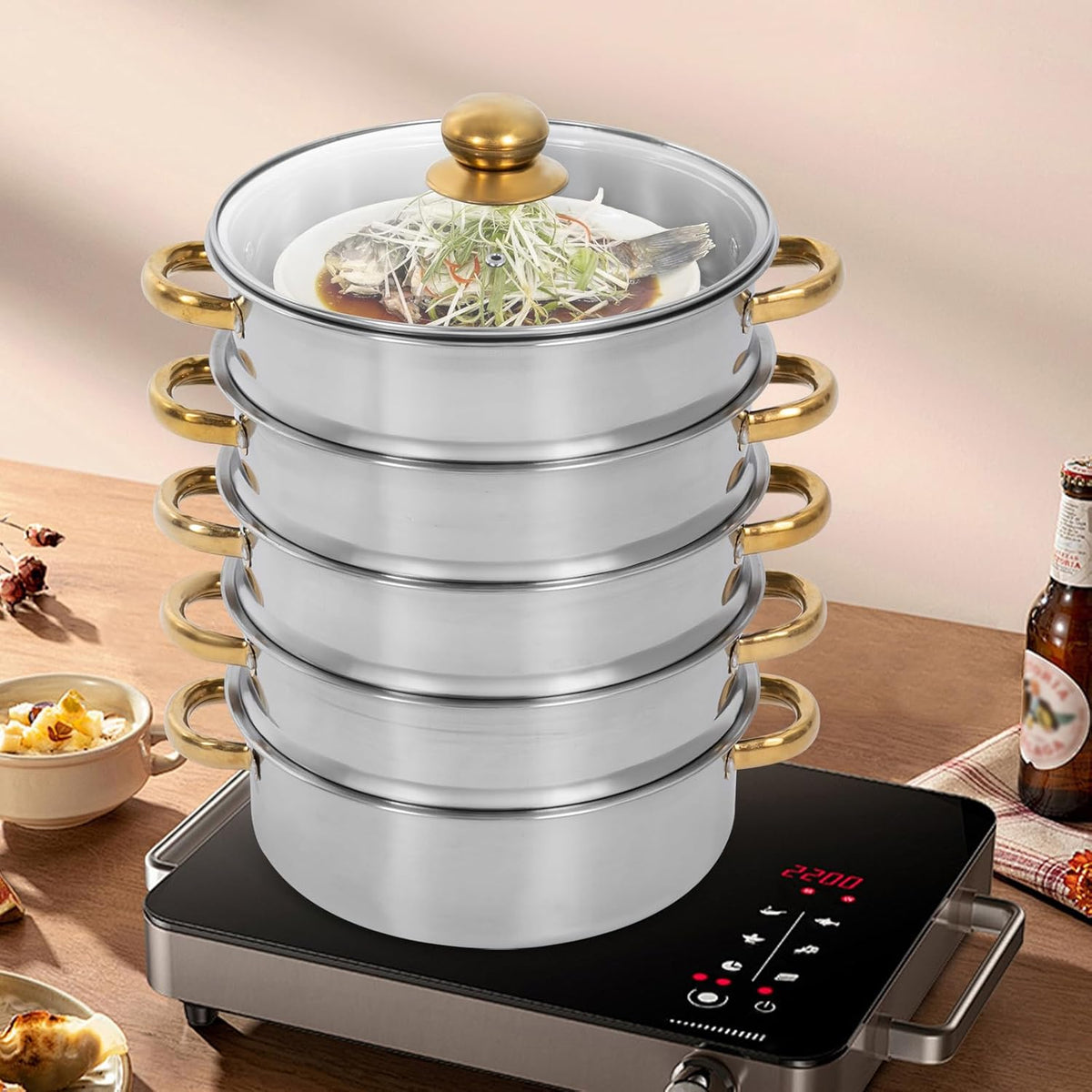 26cm Stainless Steel 5 Tier Steamer Pot with Glass Lid Q512