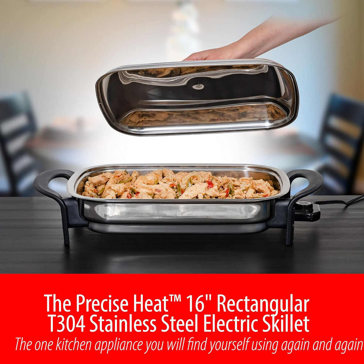 16-Inch Rectangular Stainless Steel Electric Skillet with Lid T50462