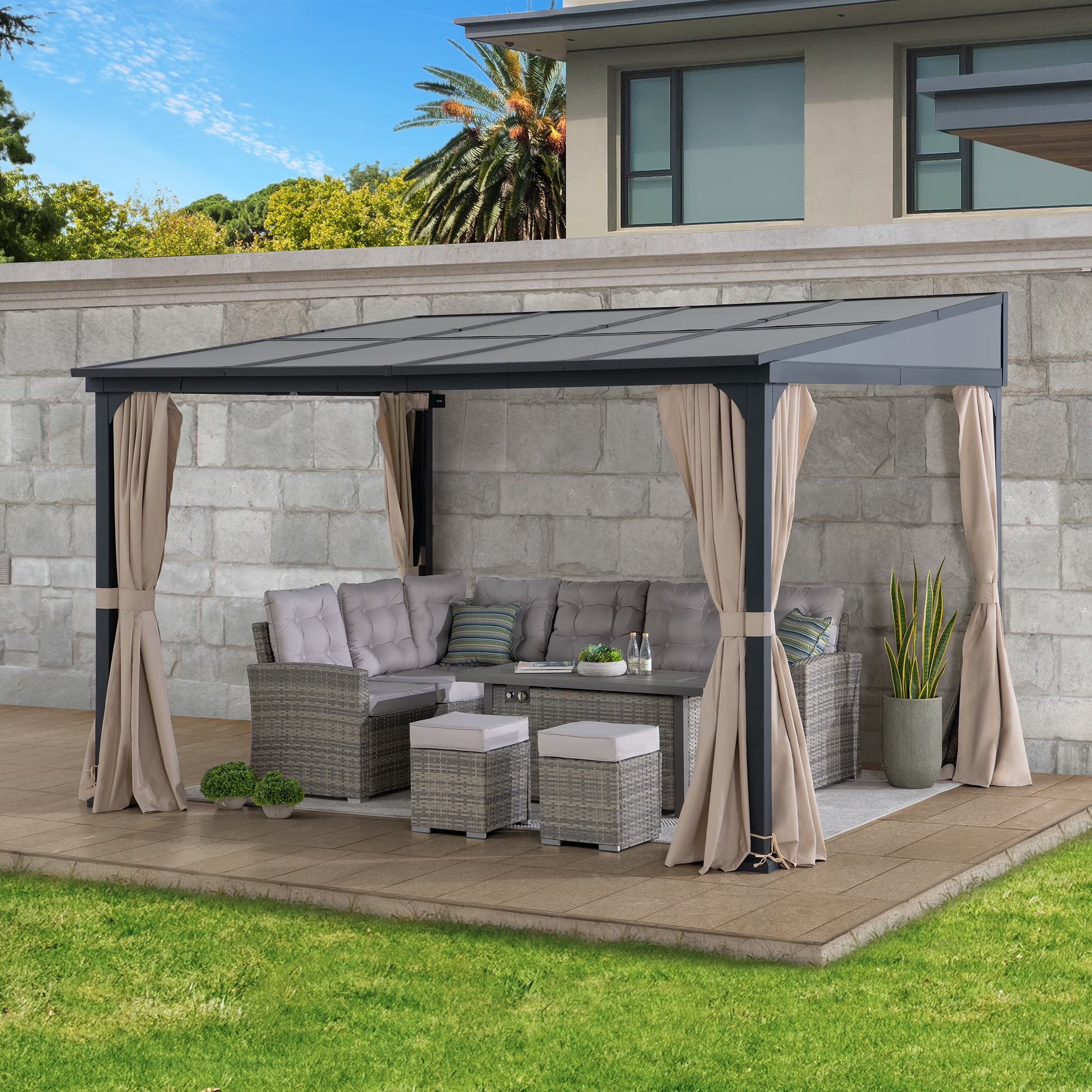 10ft. x 12ft. Polycarbonate Roof Aluminum Frame with Curtain and Netting M765419
