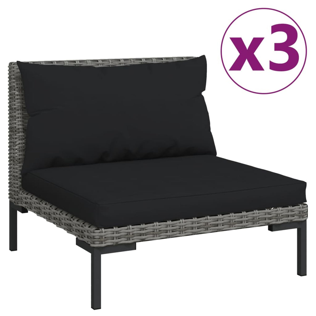 3 Piece Poly Rattan Dark Gray Sectional Sofa Set with Cushions E105