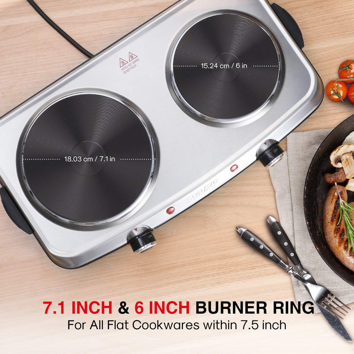 1800W Electric Double Burner Stainless Steel Hot Plate Cast Iron Pack of 2 J541623