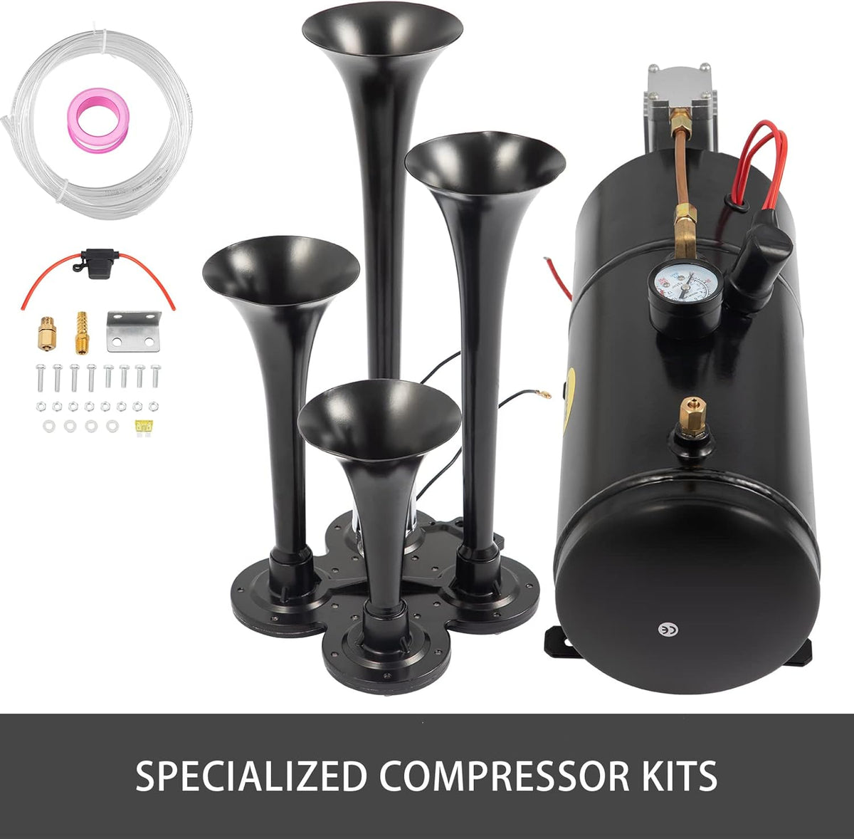 150DB Train Horns Kit 4 Trumpet with 120 PSI 12V Air Compressor Air Horn Tank (Black) W96204