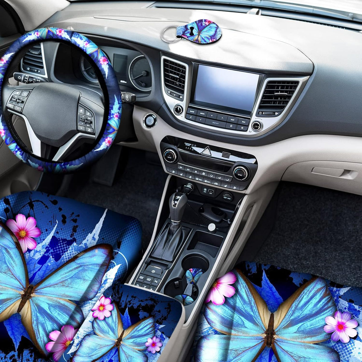 15 Pieces Butterfly Car Seat Covers Full Set with Steering Wheel Cover E7380