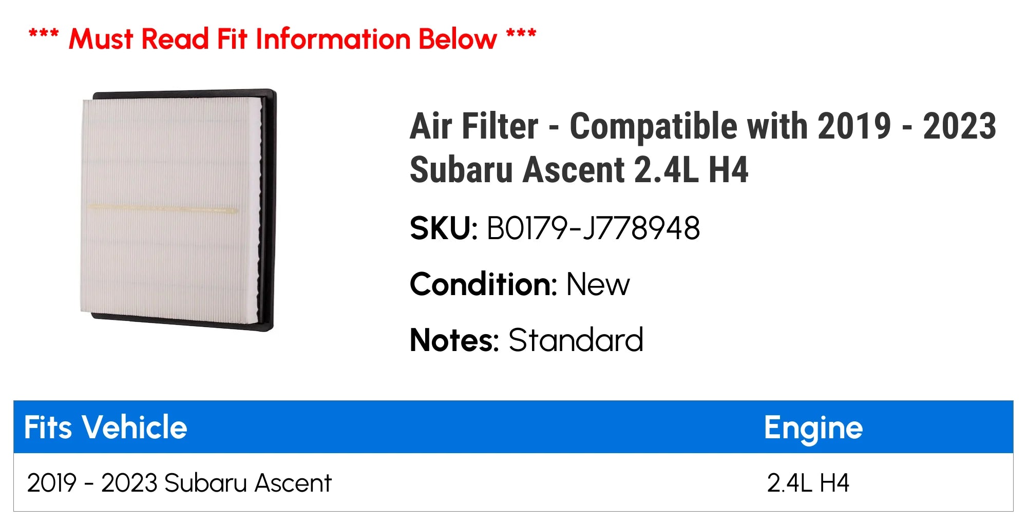 Air Filter for Subaru Ascent 2.4L H4 F6697