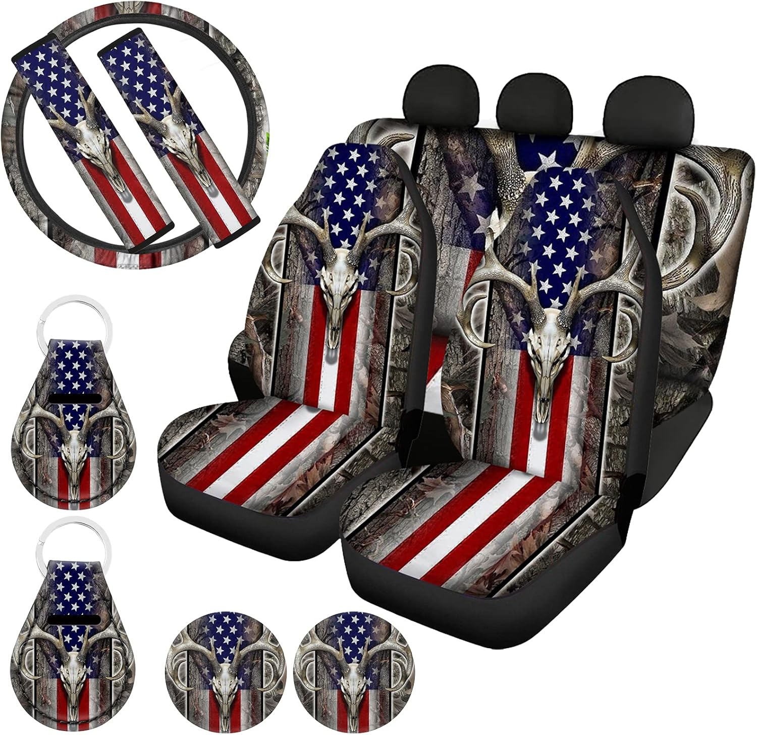 11 Pack Southwestern Car Seat Covers Full Set with Steering Wheel Cover, Seatbelt Covers, Cup Coasters Holder, Keychain Accessories C1851