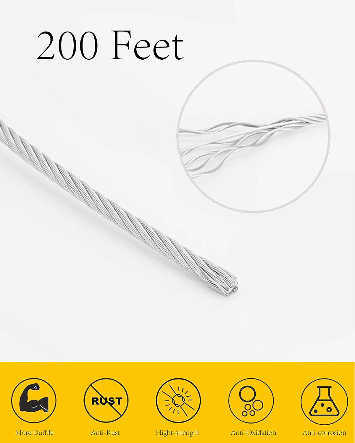 200 Ft 1/8 Metal Wire Rope with Loop Sleeve and Stainless Steel Thimble R8921