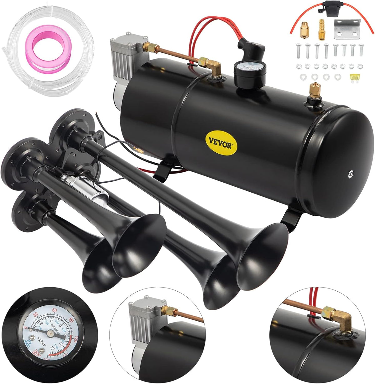 150DB Train Horns Kit 4 Trumpet with 120 PSI 12V Air Compressor Air Horn Tank (Black) W96204