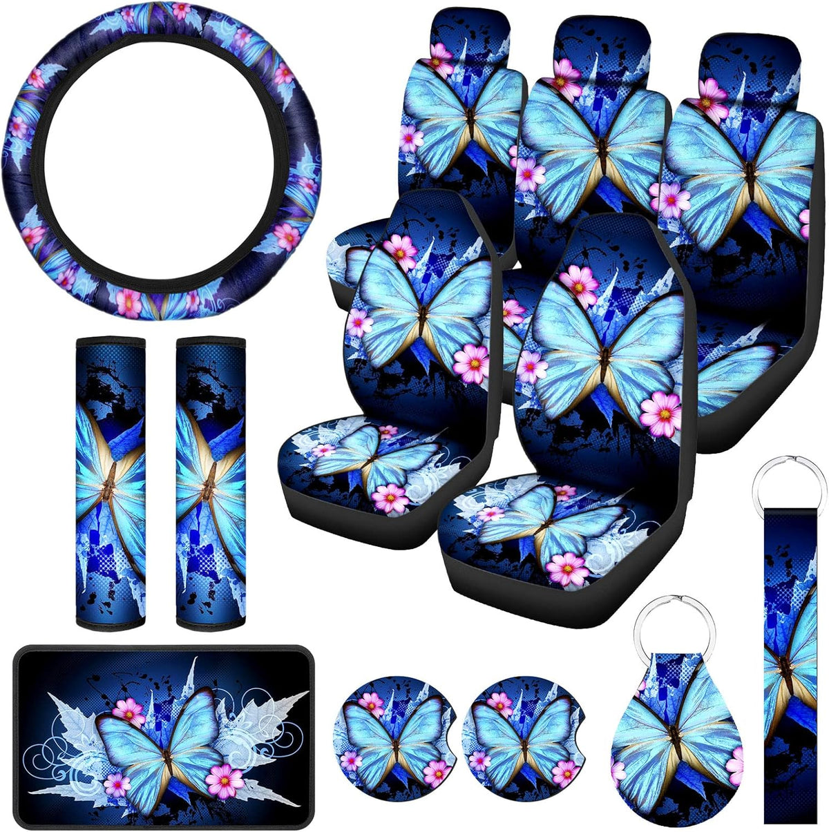 15 Pieces Butterfly Car Seat Covers Full Set with Steering Wheel Cover E7380